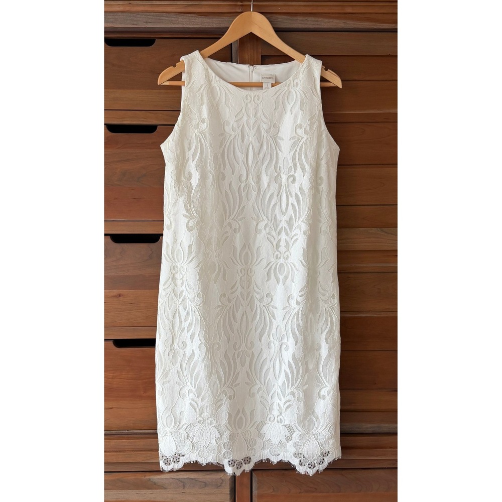 NWT Chico's Size 1 (M 8/10) Ivory Lace Sheath Dress Scalloped Hem Romantic